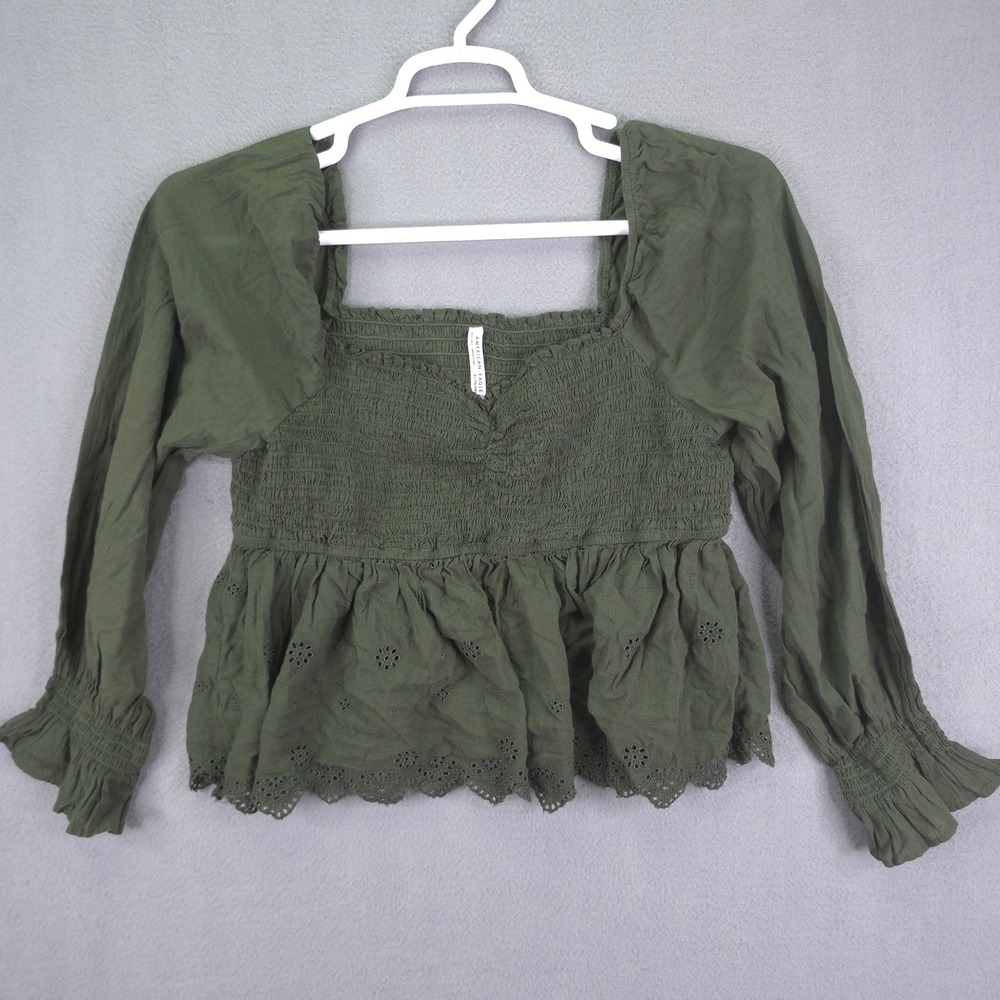 American Eagle Top Smocked Eyelet Peplum Olive Green XL Long Sleeve Cotton Boho